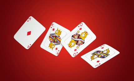 Image of Playing cards of hearts suit in air on red gradient background, banner design. Poker game