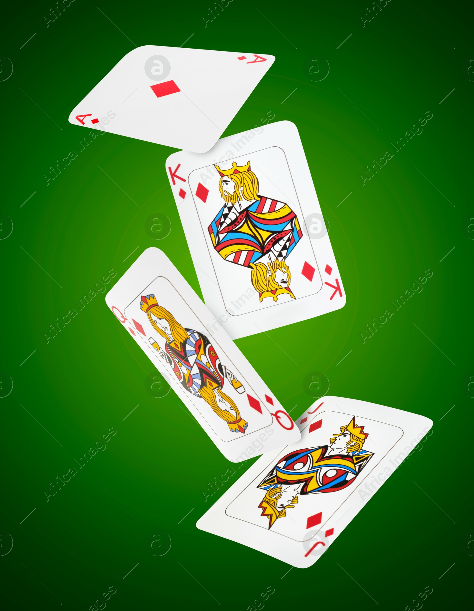 Image of Playing cards of diamonds suit in air on green gradient background. Poker game