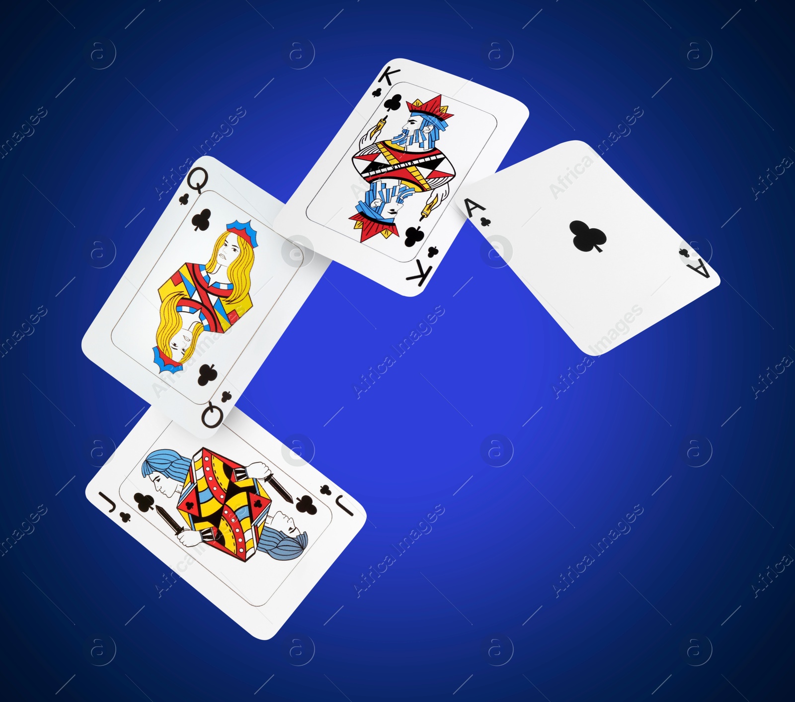 Image of Playing cards of clubs suit in air on blue gradient background. Poker game