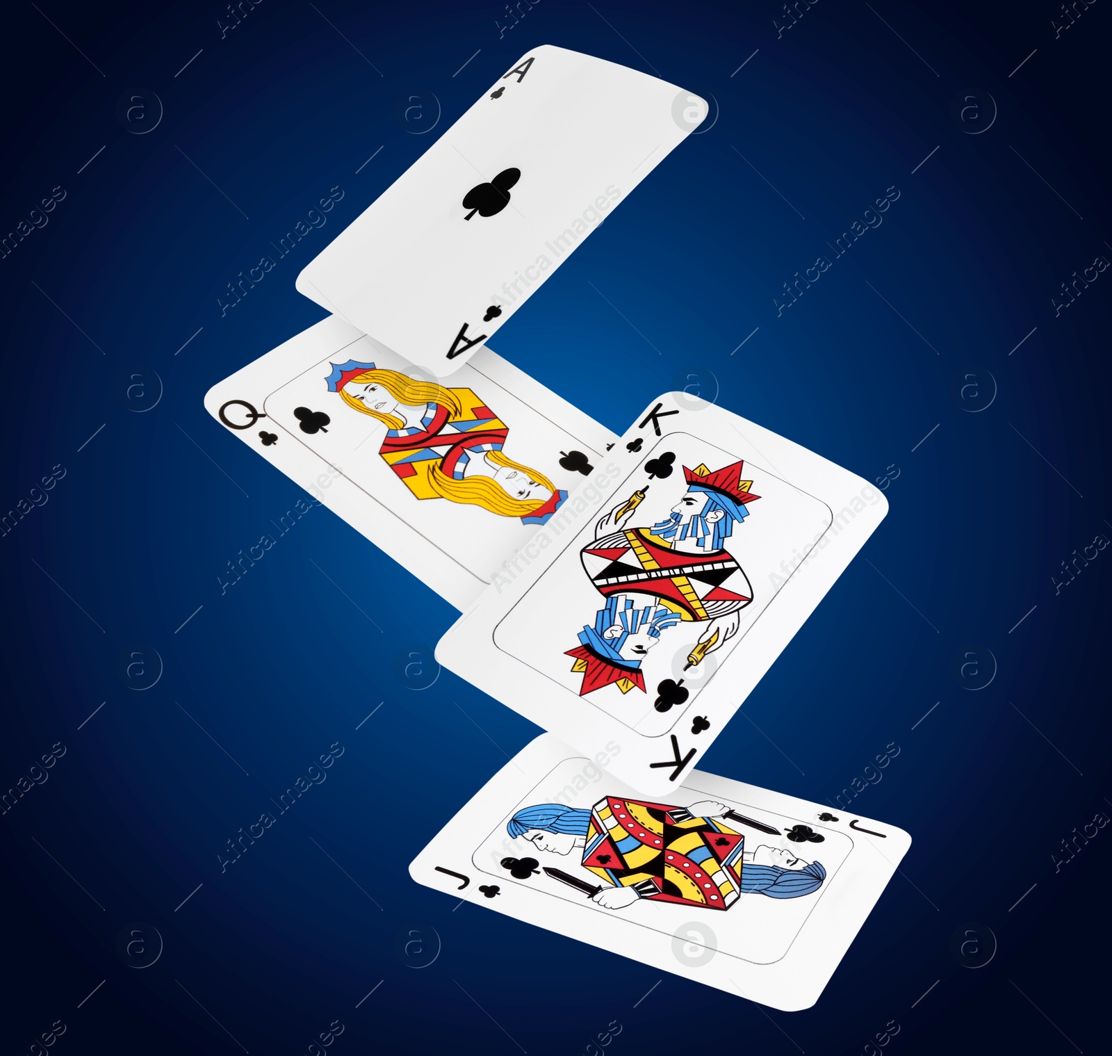 Image of Playing cards of clubs suit in air on blue gradient background. Poker game