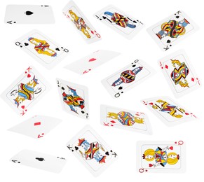 Many different playing cards on white background. Poker game