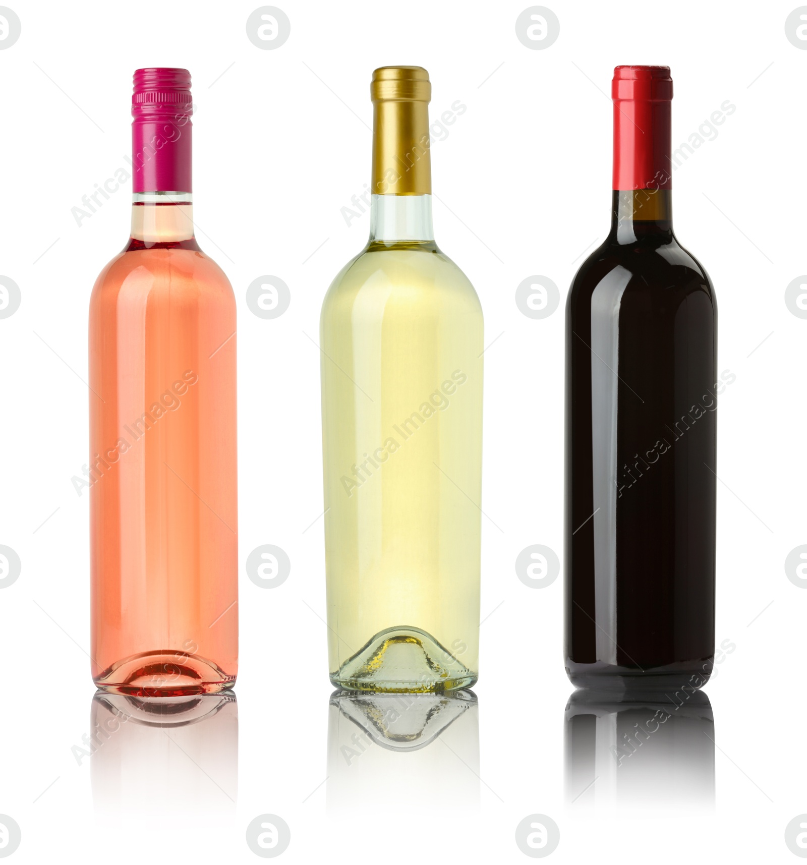 Image of Bottles with different wines isolated on white, set