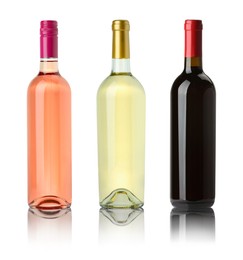 Image of Bottles with different wines isolated on white, set