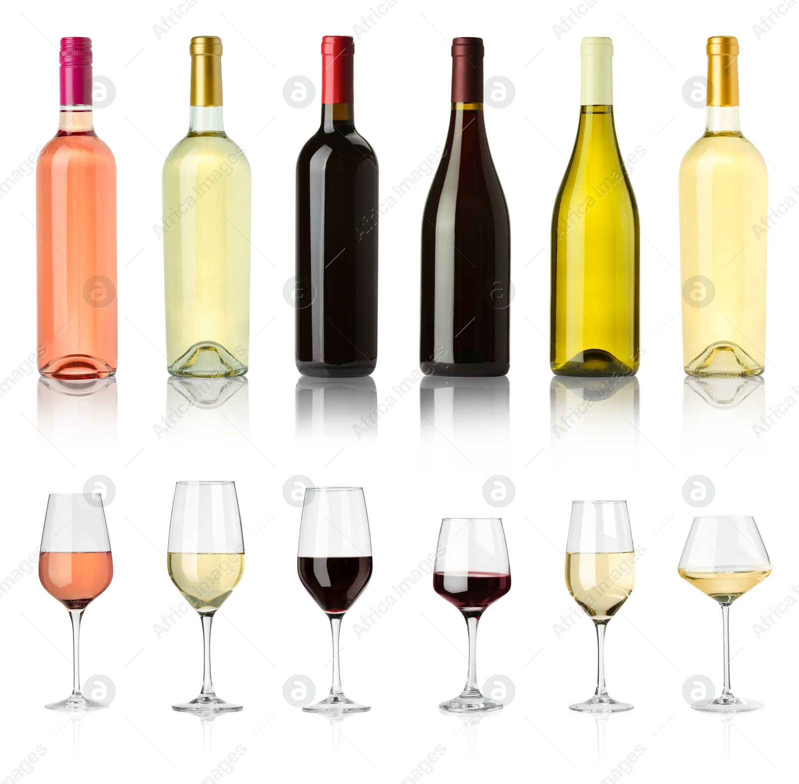 Image of Bottles and glasses with different wines isolated on white, set