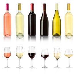 Image of Bottles and glasses with different wines isolated on white, set