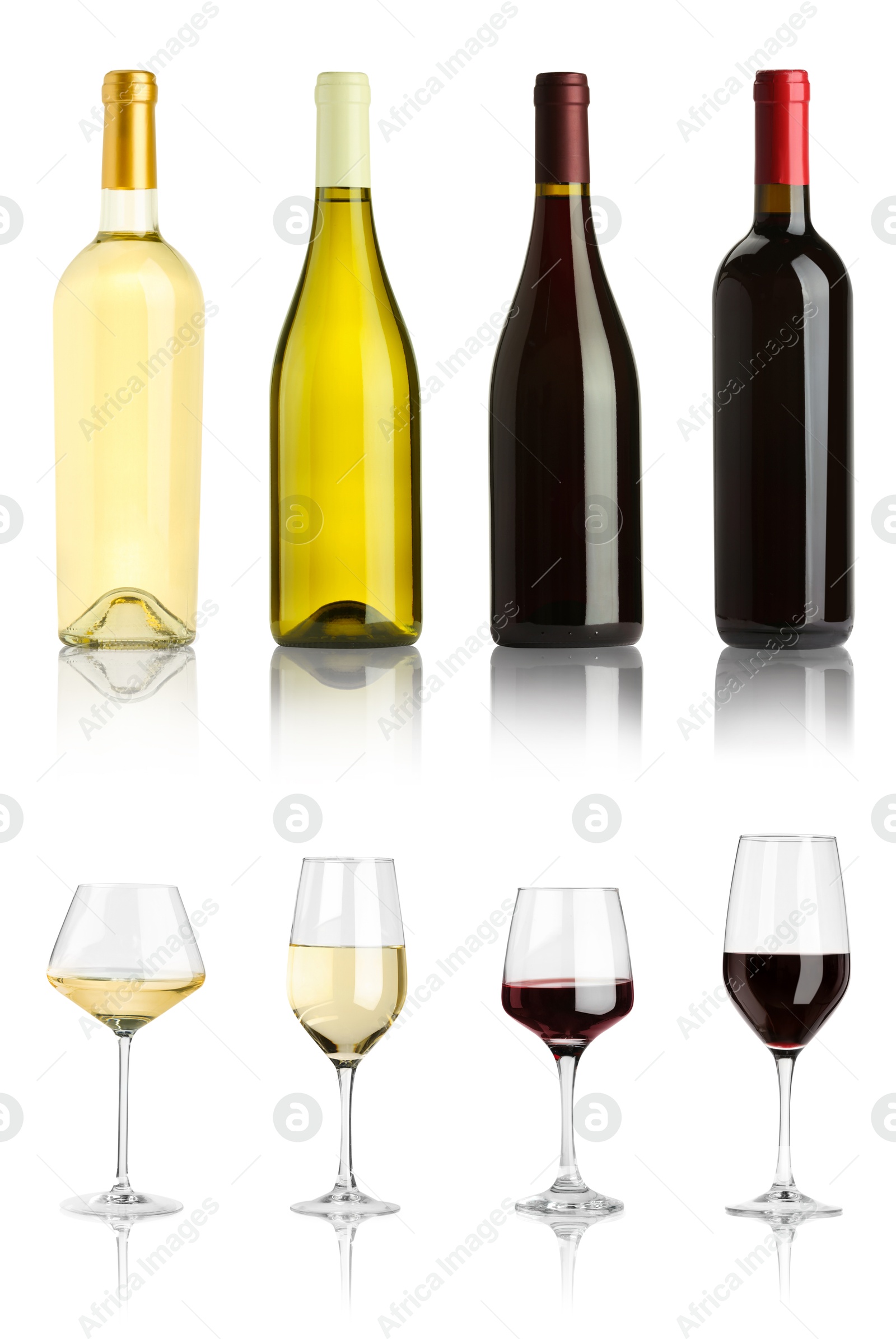 Image of Bottles and glasses with different wines isolated on white, set