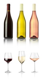 Image of Bottles and glasses with different wines isolated on white, set