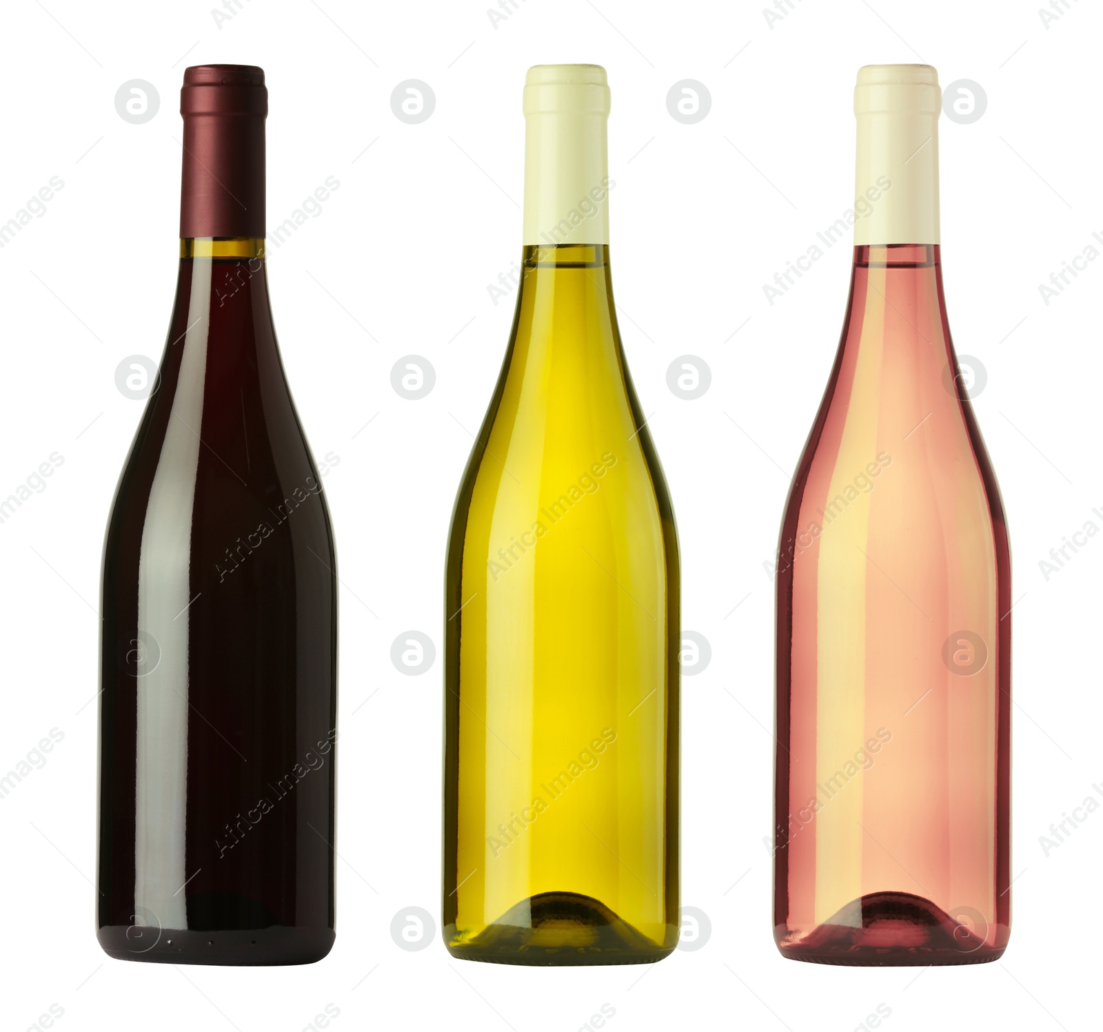 Image of Bottles with different wines isolated on white, set