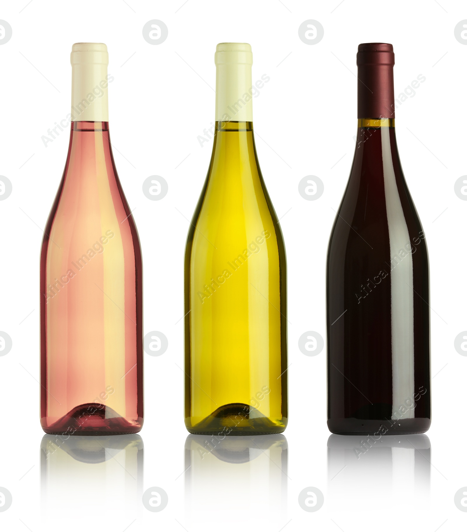 Image of Bottles with different wines isolated on white, set