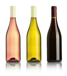 Image of Bottles with different wines isolated on white, set