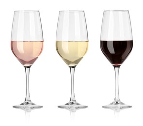 Image of Glasses with different wines isolated on white, set