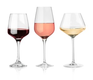 Image of Glasses with different wines isolated on white, set