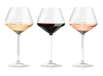 Image of Glasses with different wines isolated on white, set