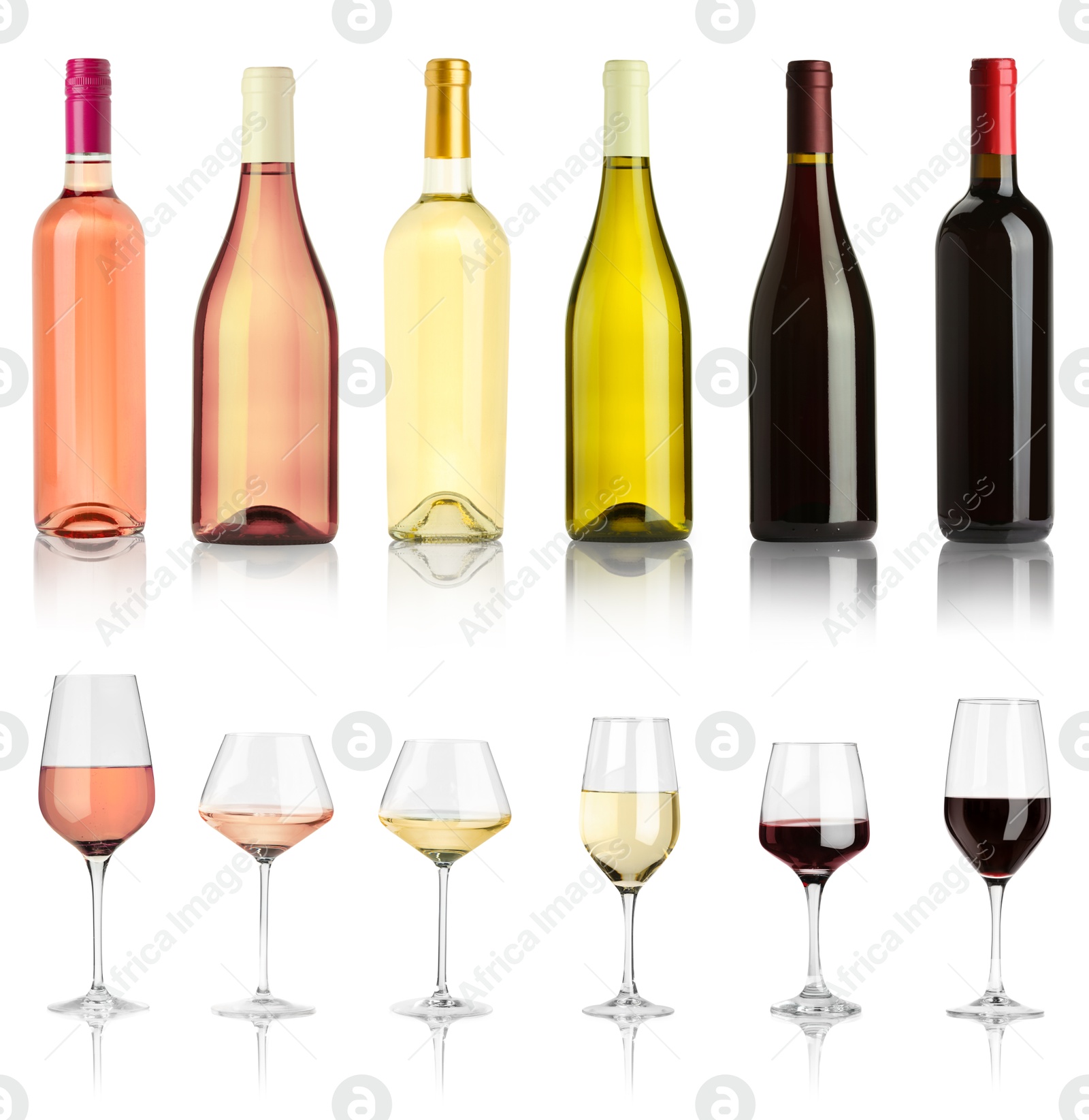 Image of Bottles and glasses with different wines isolated on white, set