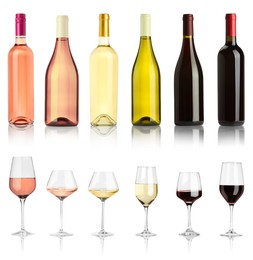 Image of Bottles and glasses with different wines isolated on white, set