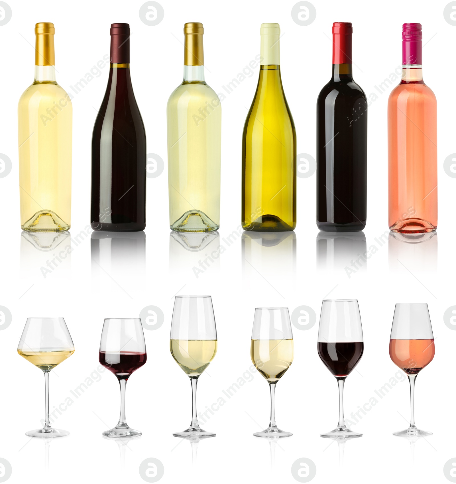 Image of Bottles and glasses with different wines isolated on white, set