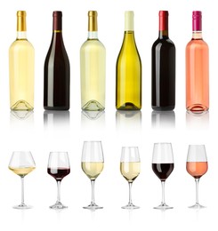 Image of Bottles and glasses with different wines isolated on white, set