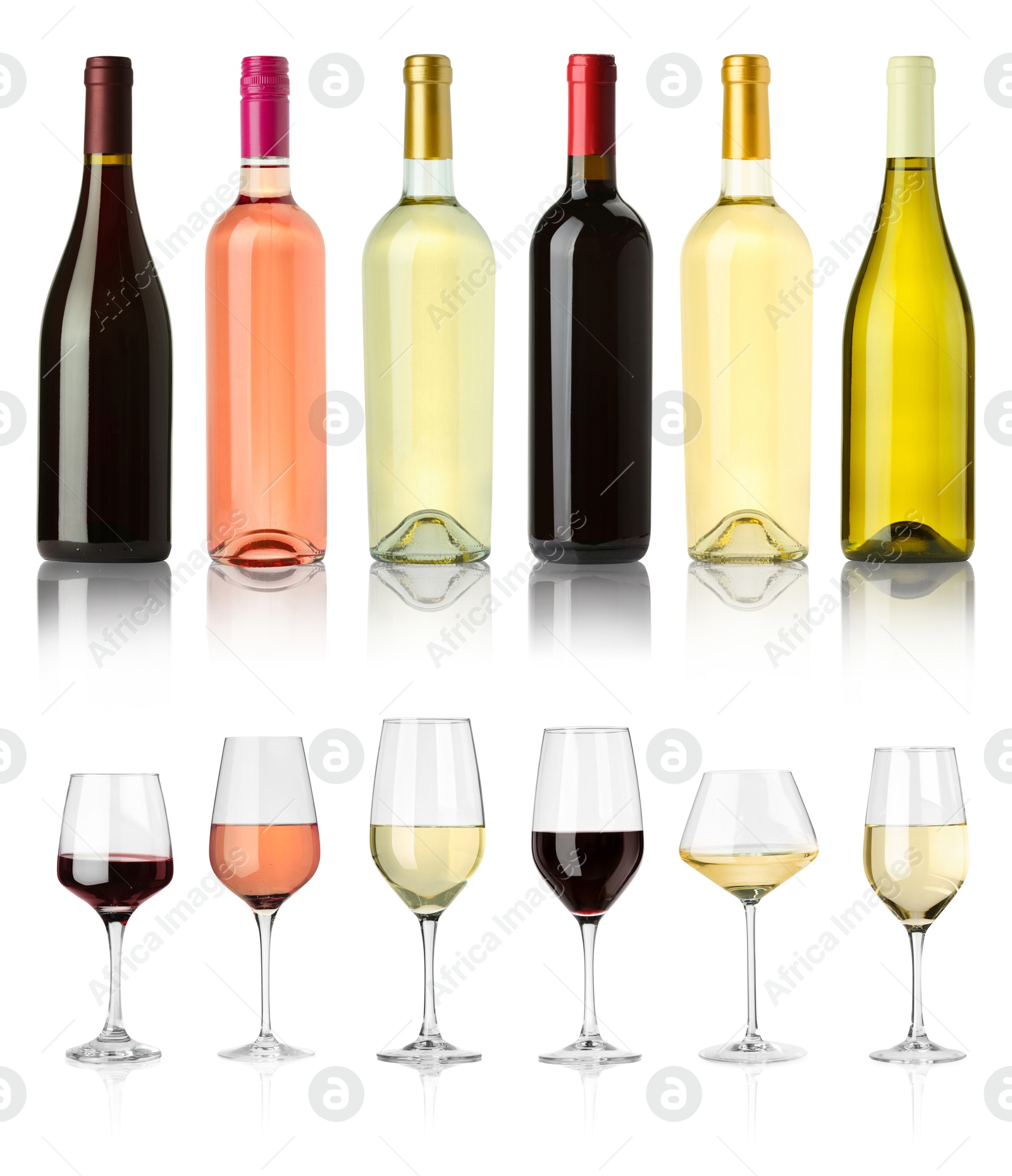 Image of Bottles and glasses with different wines isolated on white, set