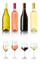 Image of Bottles and glasses with different wines isolated on white, set