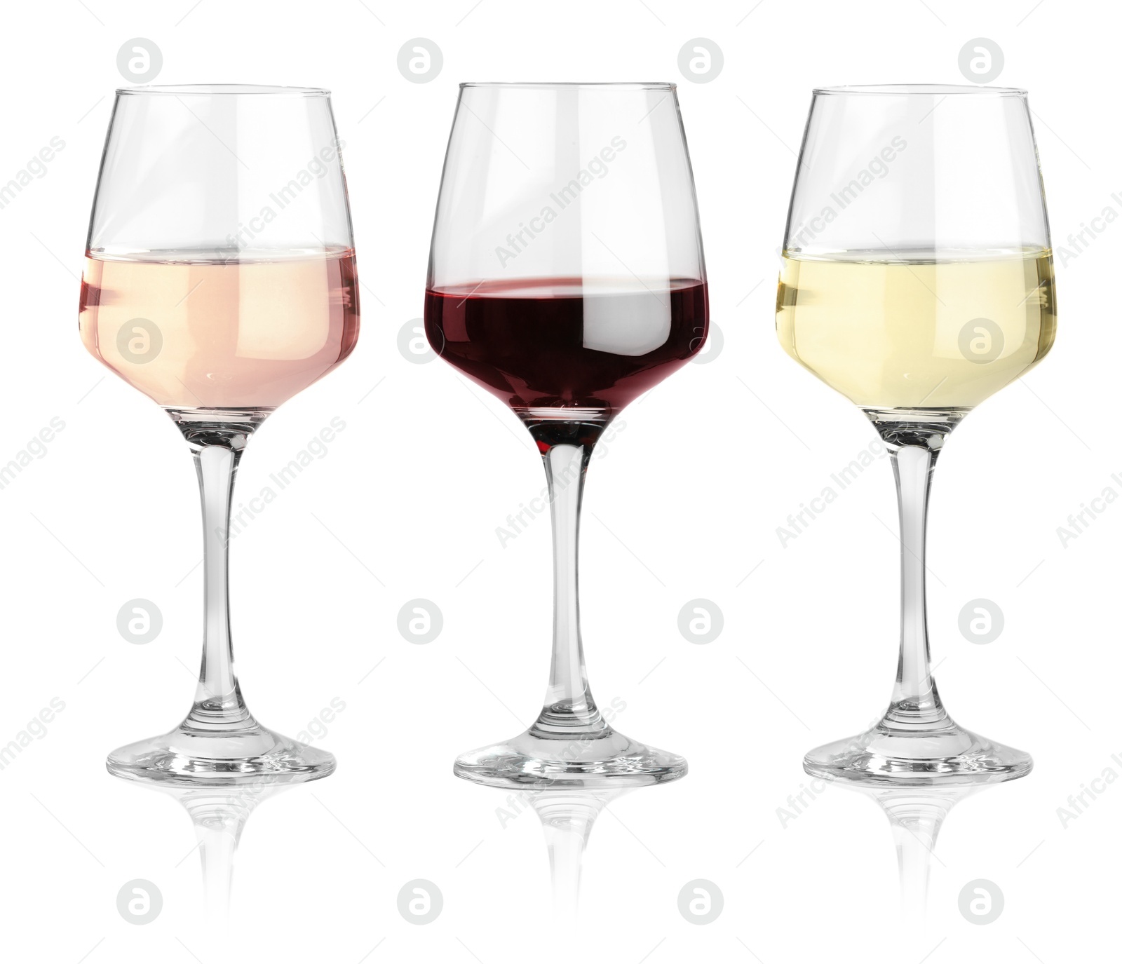 Image of Glasses with different wines isolated on white, set