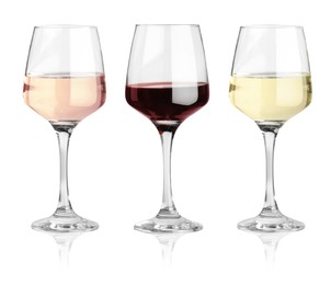 Image of Glasses with different wines isolated on white, set