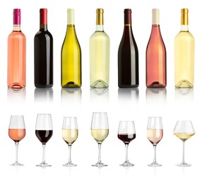 Image of Bottles and glasses with different wines isolated on white, set