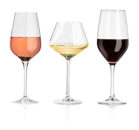 Image of Glasses with different wines isolated on white, set