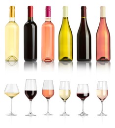 Image of Bottles and glasses with different wines isolated on white, set