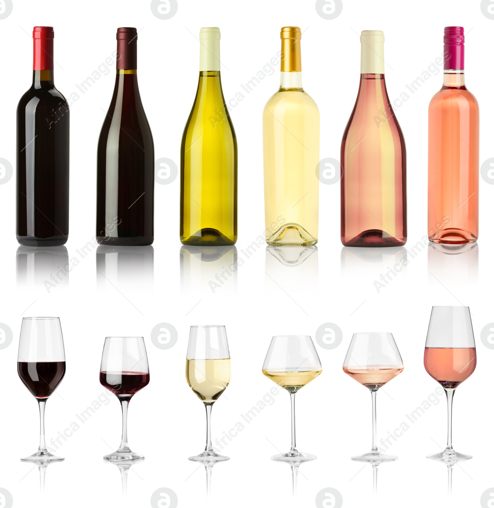 Image of Bottles and glasses with different wines isolated on white, set