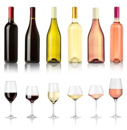 Image of Bottles and glasses with different wines isolated on white, set