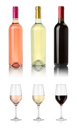 Image of Bottles and glasses with different wines isolated on white, set