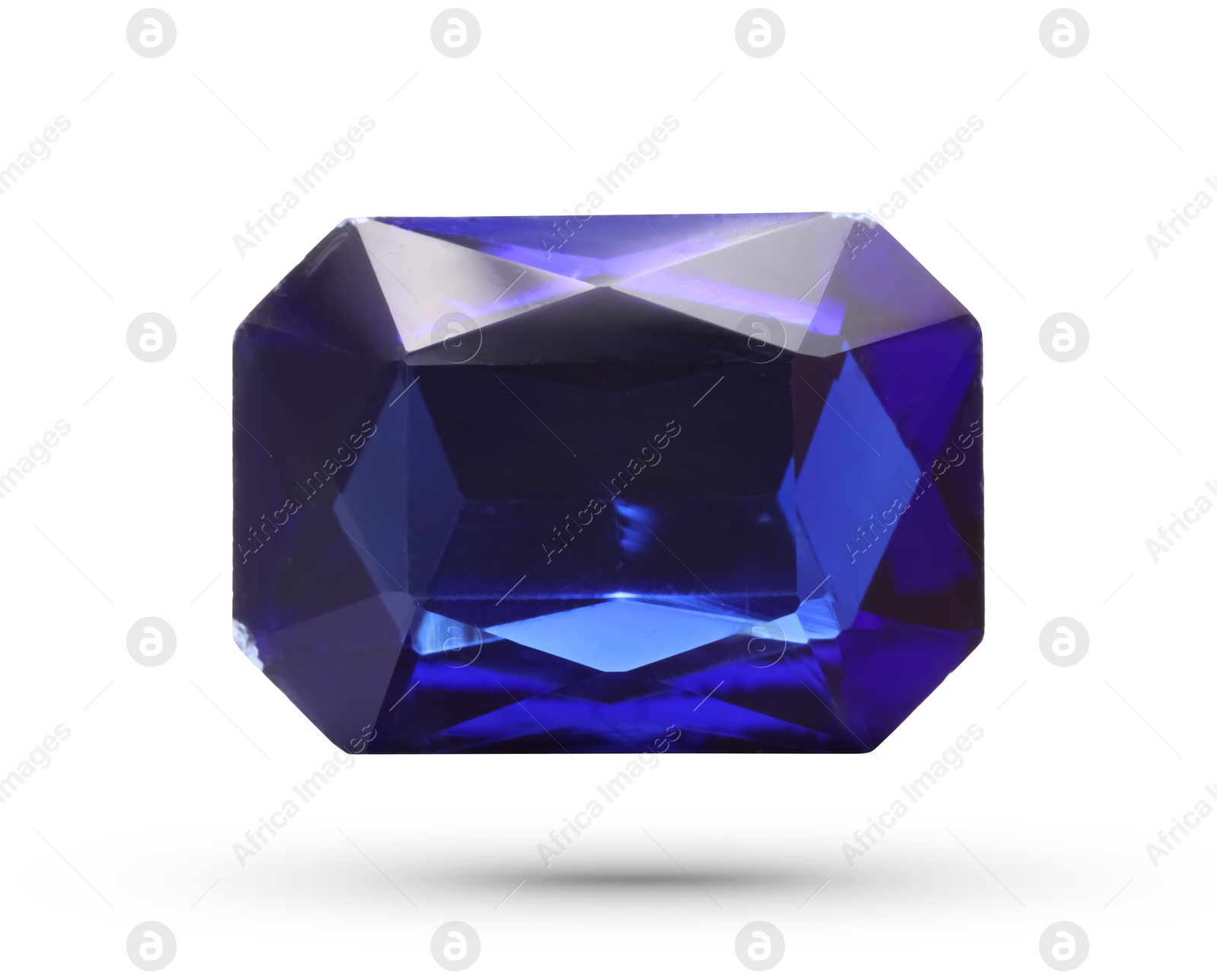 Image of One blue shiny gemstone in air on white background