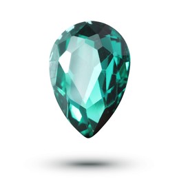 Image of One teal shiny gemstone in air on white background