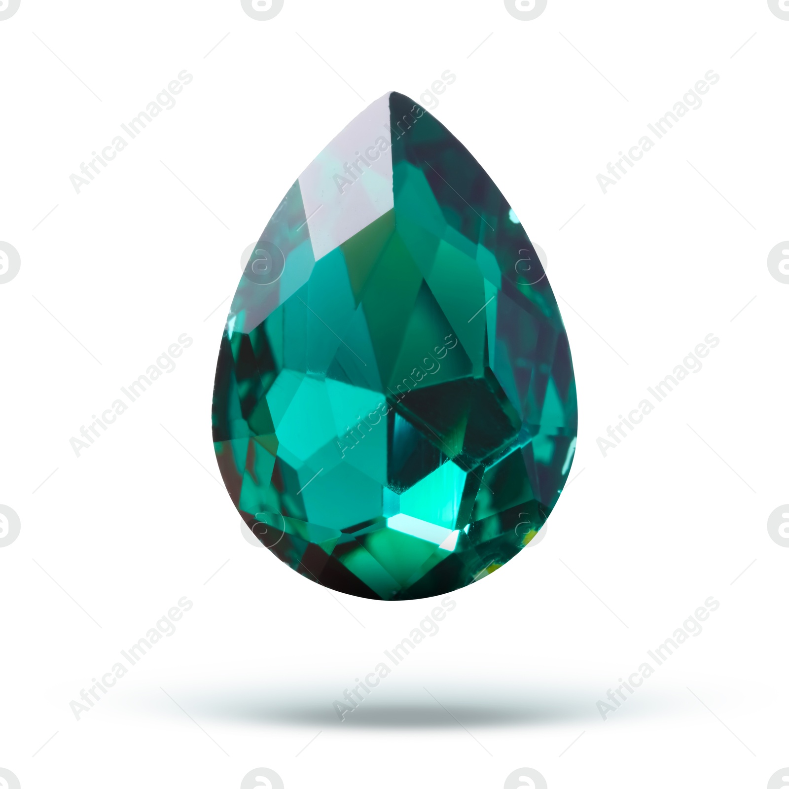 Image of One teal shiny gemstone in air on white background