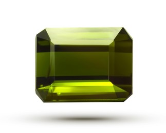 Image of One green shiny gemstone in air on white background