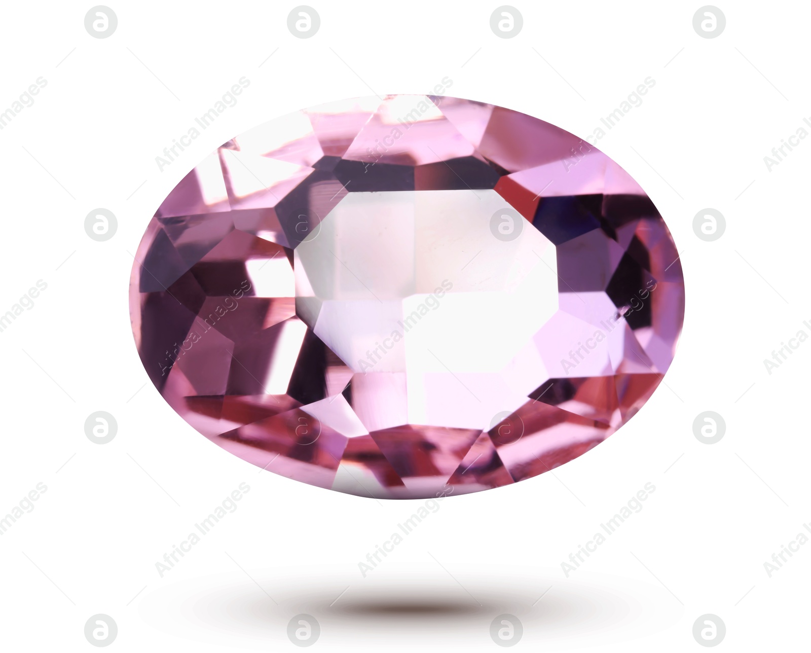 Image of Pink shiny gemstone in air on white background