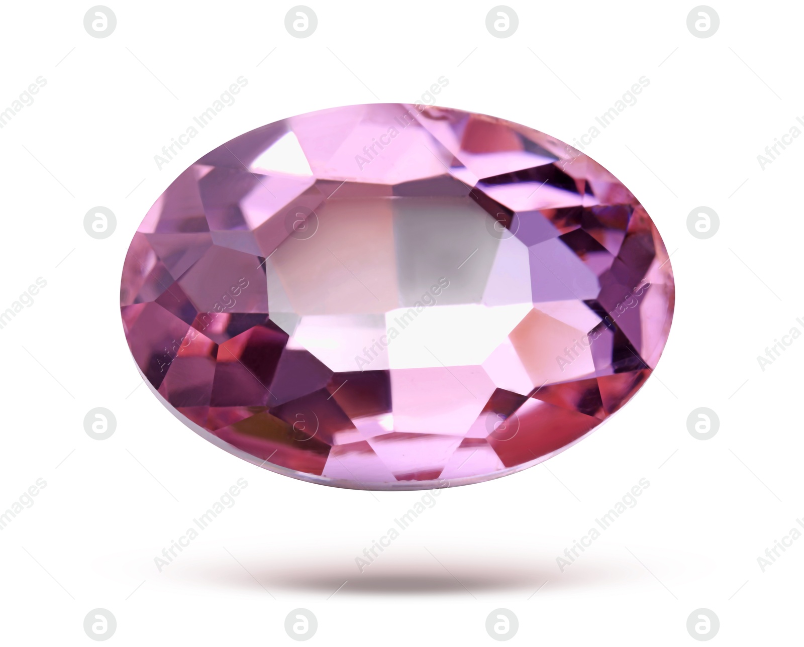 Image of Pink shiny gemstone in air on white background