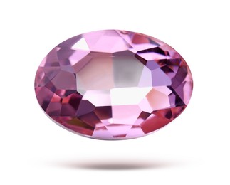 Image of Pink shiny gemstone in air on white background