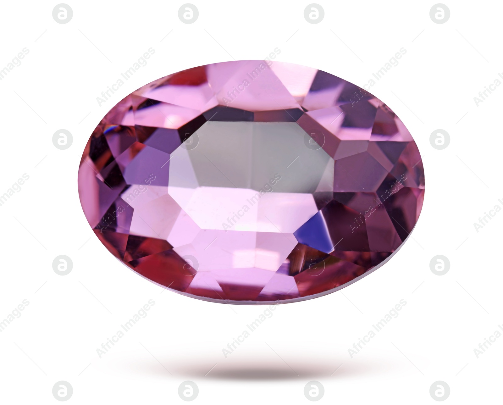 Image of Pink shiny gemstone in air on white background