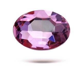 Image of Pink shiny gemstone in air on white background