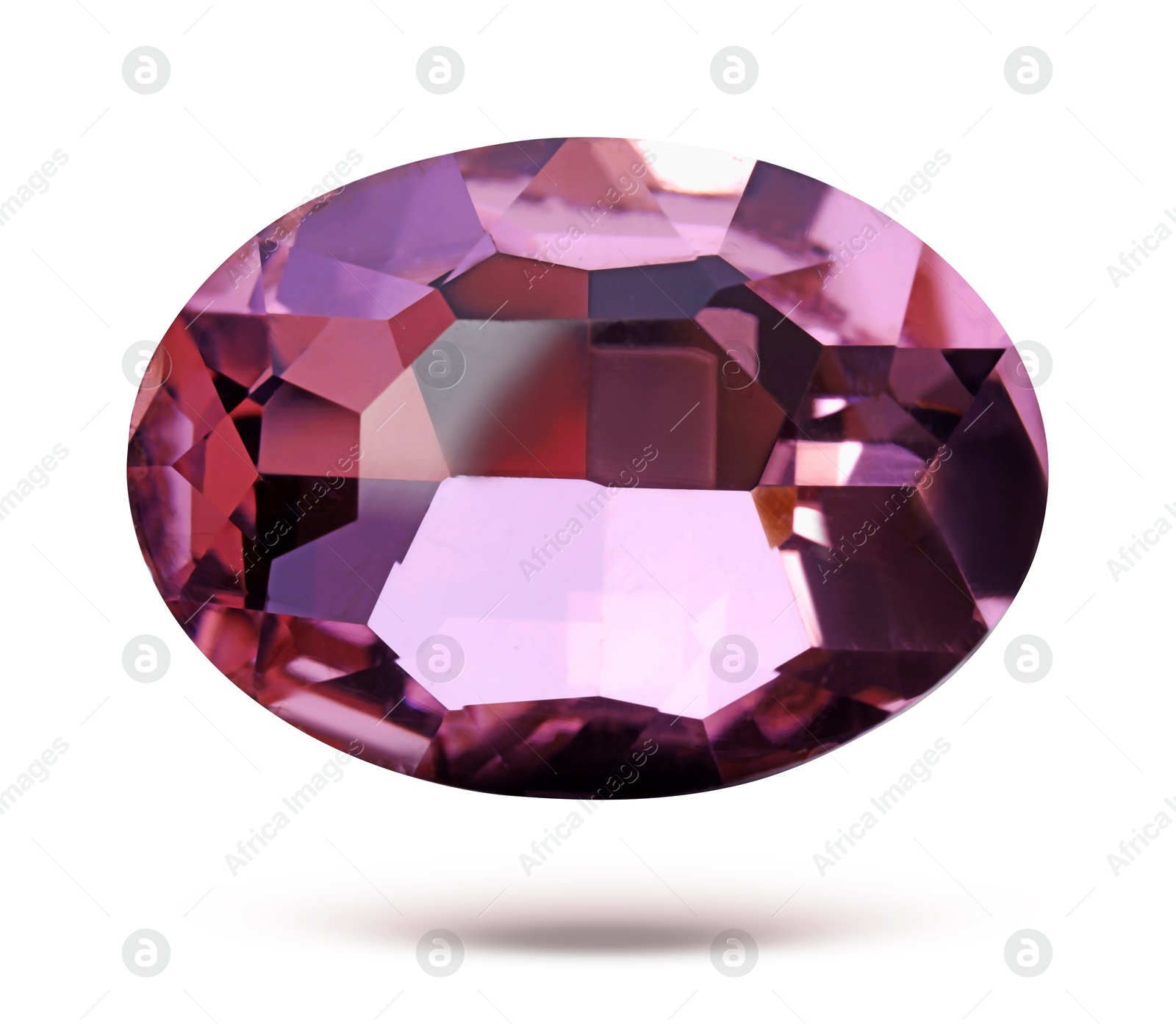 Image of Pink shiny gemstone in air on white background