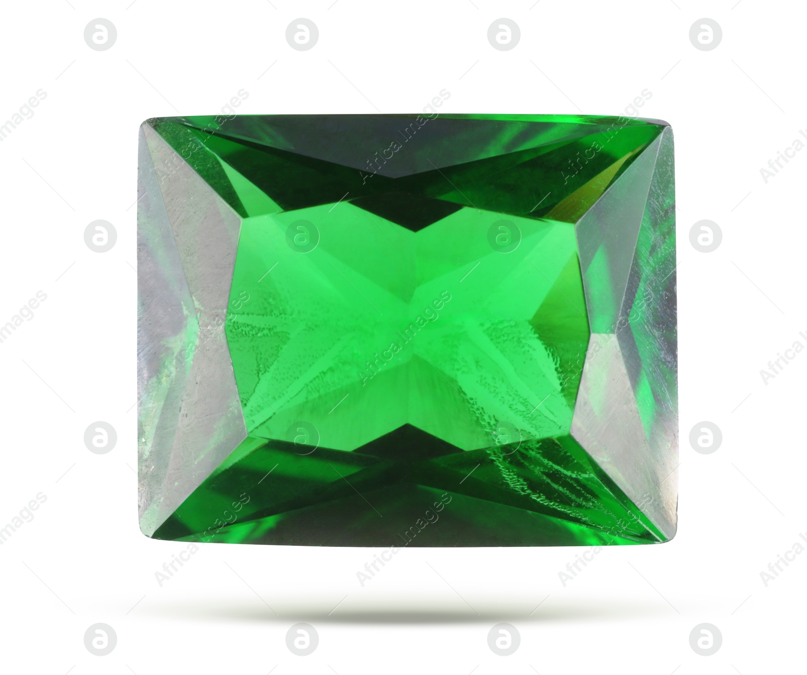 Image of One green shiny gemstone in air on white background