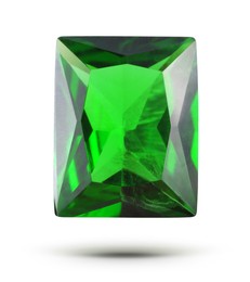 Image of One green shiny gemstone in air on white background