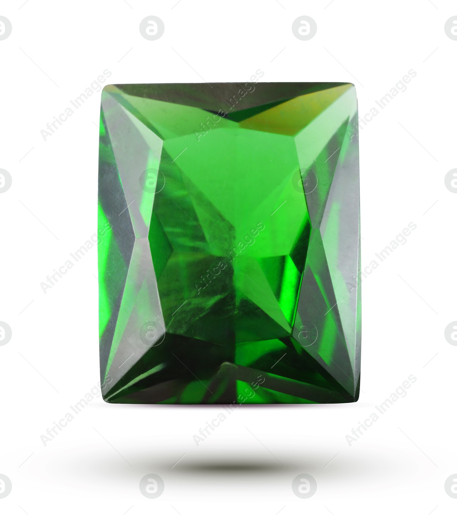 Image of One green shiny gemstone in air on white background