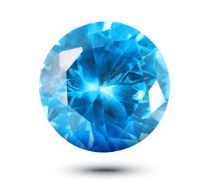 Image of One light blue shiny gemstone in air on white background