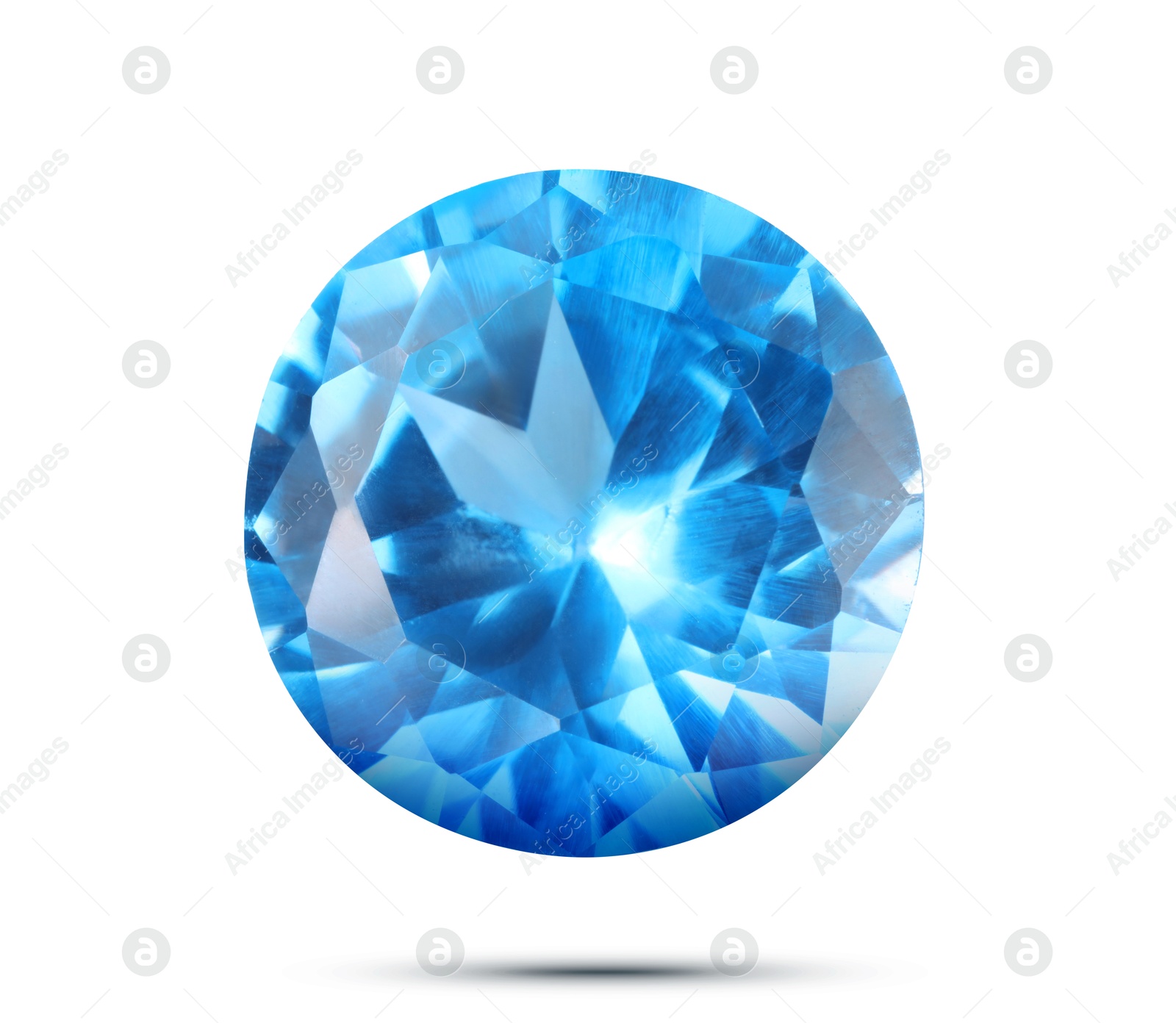 Image of One light blue shiny gemstone in air on white background