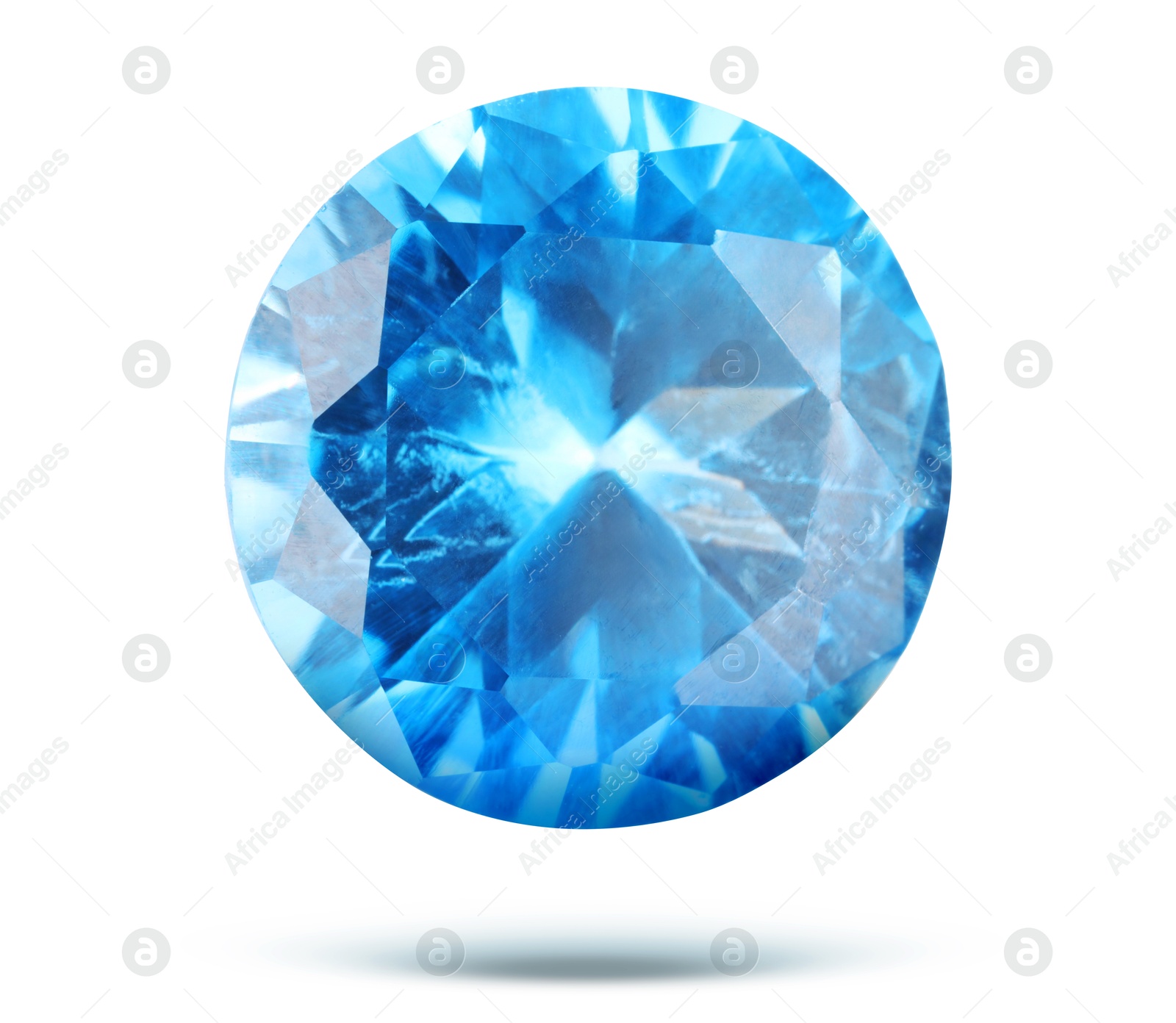 Image of One light blue shiny gemstone in air on white background