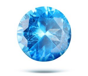 Image of One light blue shiny gemstone in air on white background