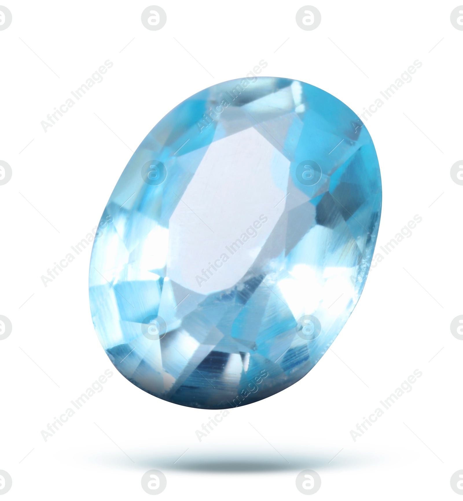 Image of One light blue shiny gemstone in air on white background