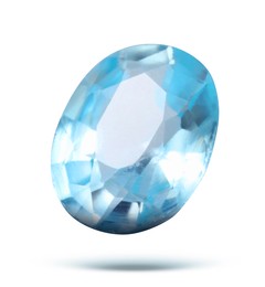 Image of One light blue shiny gemstone in air on white background